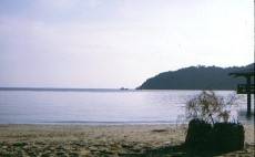 ein etwas grösserer Strandabschnitt, mit einem Holzsteg und Plattform.